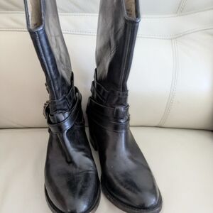 Freebird by Steven Pike Jet Black Shiny Leather Buckle Mid Calf Western Boots 10